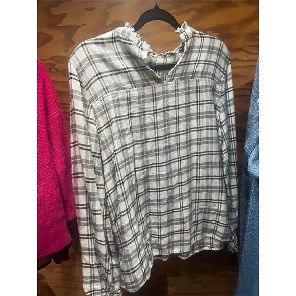 Rails Women's Plaid Ruffle Neck Blouse Ivory Onyx Size M Long Sleeve - Picture 6 of 8